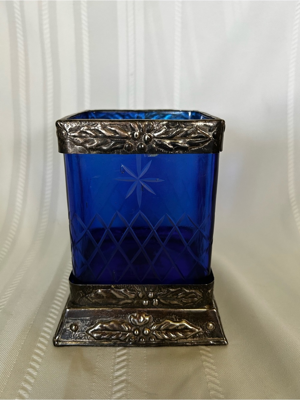 Cobalt Blue Glass Candle Holder Metal Holly Leaf Berry Velvet Home Decor Accent